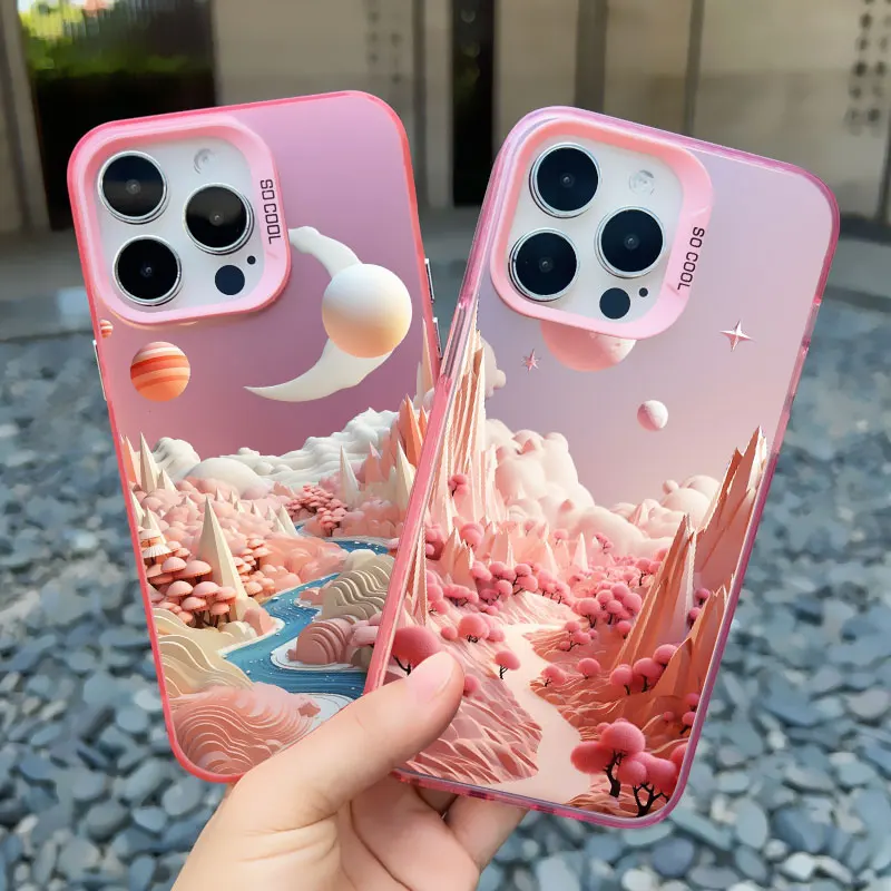 Creative Mountains Landscape Scenery Pink Shockproof Laser Phone Case