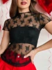 Women's Summer Lace Floral Tops Mesh Sheer Short Sleeve Mock Neck Fit T-Shirt 1