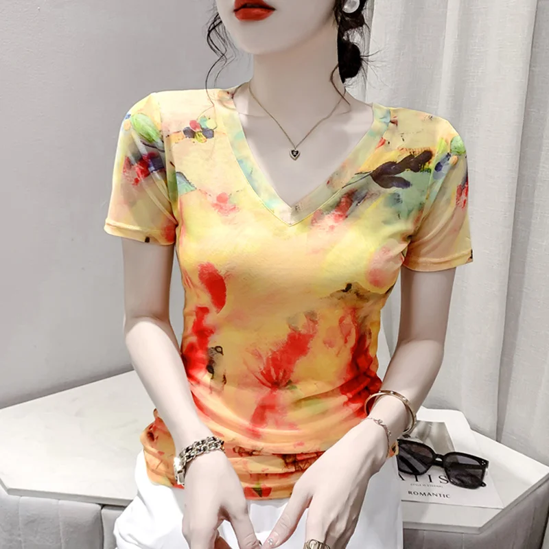 

#5784 Mesh T Shirt Women Retro Streetwear Hip Hop T Shirt Female Short Sleeve V-neck Sexy Thin Tie Dye Short Tshirt Femme Summer