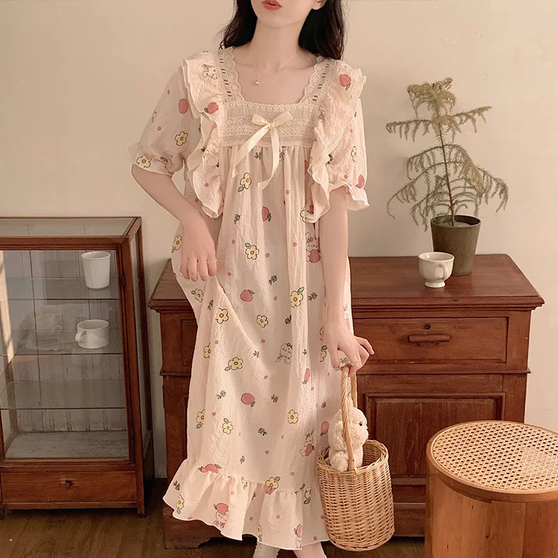 Nightgown Short-sleeved Summer Dress Loose Cute Kawaii Women Clothing Homewear Dresses Printed New Fashion Casual Comfortable