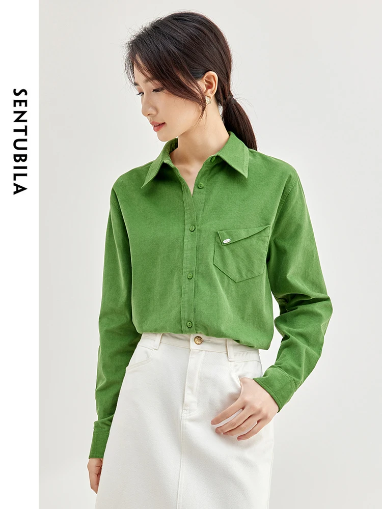 SENTUBILA Corduroy Women's Cotton Shirt Lapel Single Breasted Spring Green Loose Blouse Women 2024 Long Sleeve Top 133C51681