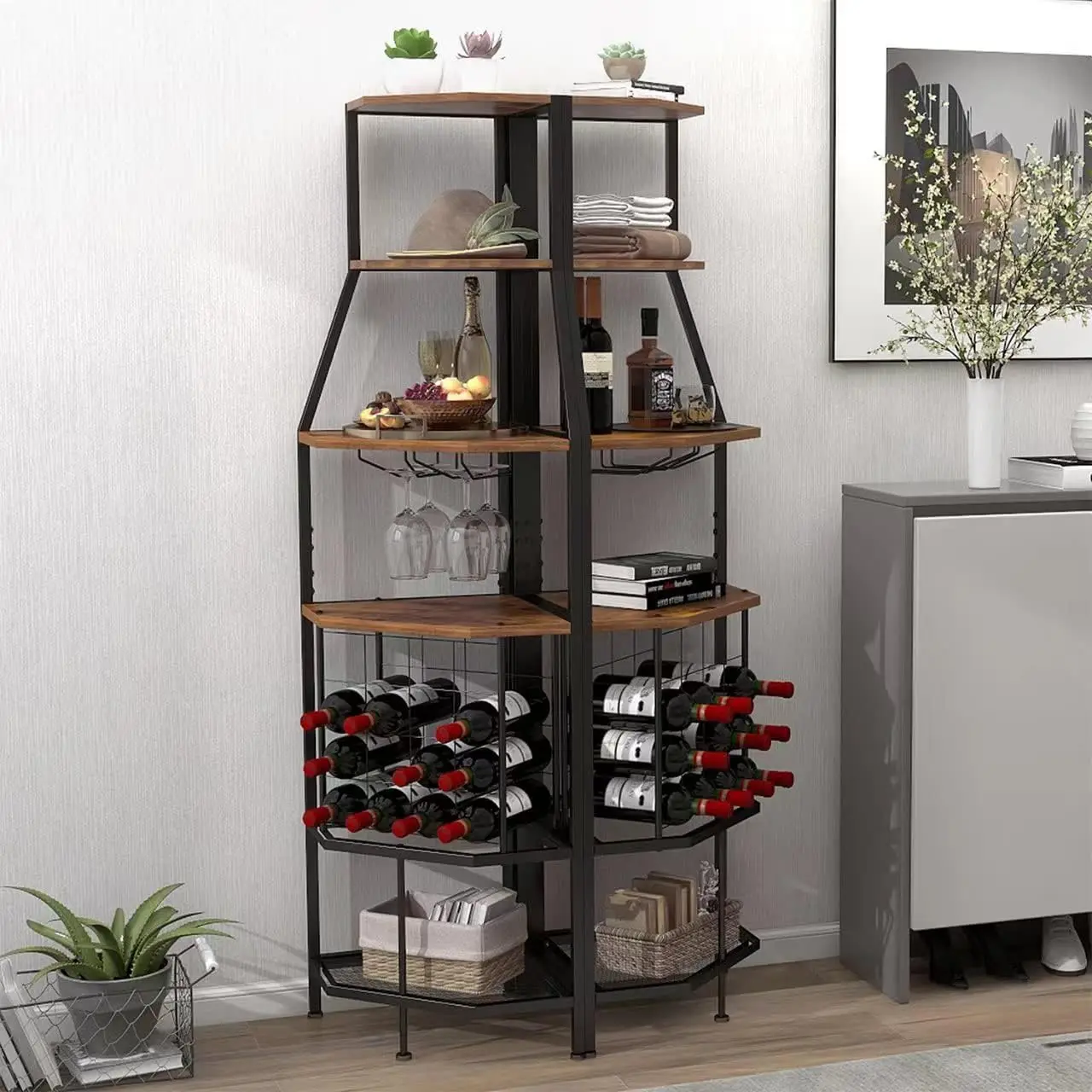 5-Tier Corner Wine Rack Freestanding Floor with Glass Holder and Bottles Wine Storage Home Bar Furniture for Home Kitchen Dinin