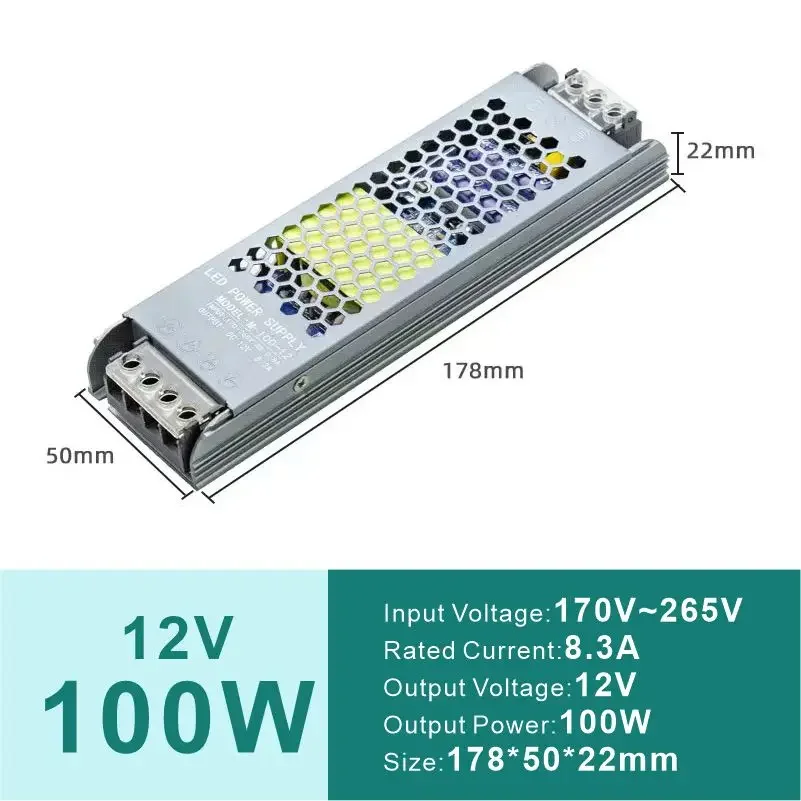 슬림 LED 드라이버 어댑터, AC170-265V to DC, 스트립 조명 변압기, 12V, 24V, 60W-400W