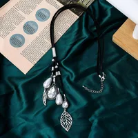 Amorcome Korean Style Imitation Pearl Women Leather Chain Necklace Vintage Crystal Beads Metal Leaf Pendant Long Necklace Collar