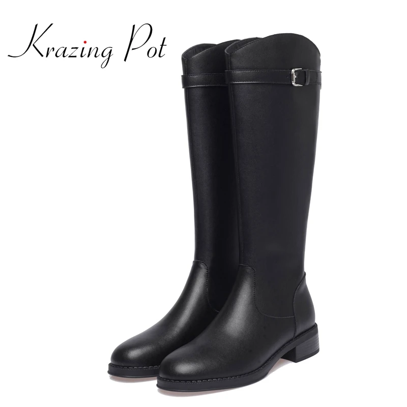 

Krazing Pot Cow Split Leather Round Toe Riding Boots Med Heels Belt Buckle Office Lady Cozy Zipper Simple Style Thigh High Boots