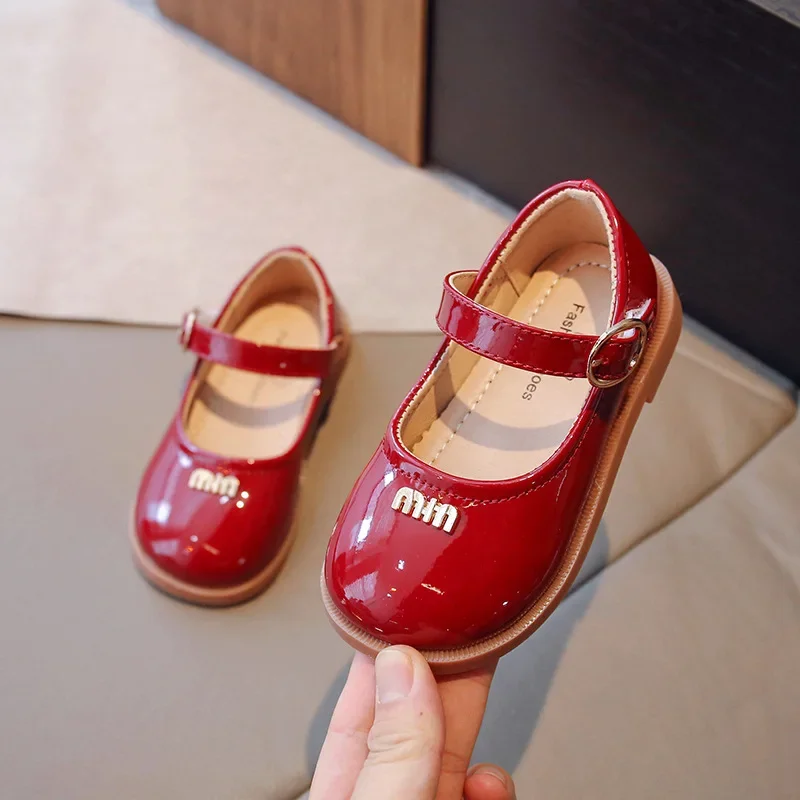 Children's Solid Color Leather Shoes Spring Shallow Heel Single Shoes Girls Performance Medium Large Princess