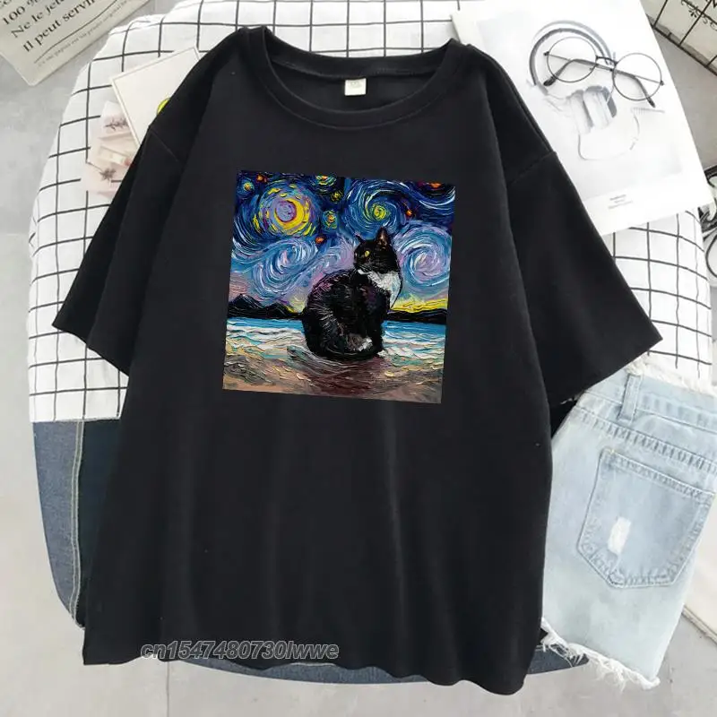 T-Shirt Con Stampa Street Cat Under The Stars T-Shirt Morbide Allentate Da Donna Top In Cotone 100% Abbigliamento Casual Traspirante Da Donna