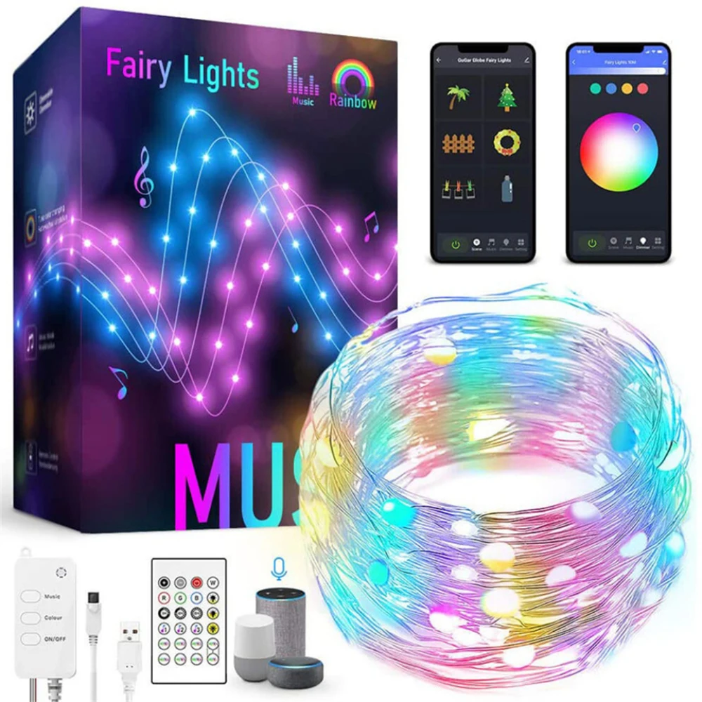 Сказосветильник светодиодная гирлянда 10 м 100 светодиодов RGB Wi-Fi Bluetooth для