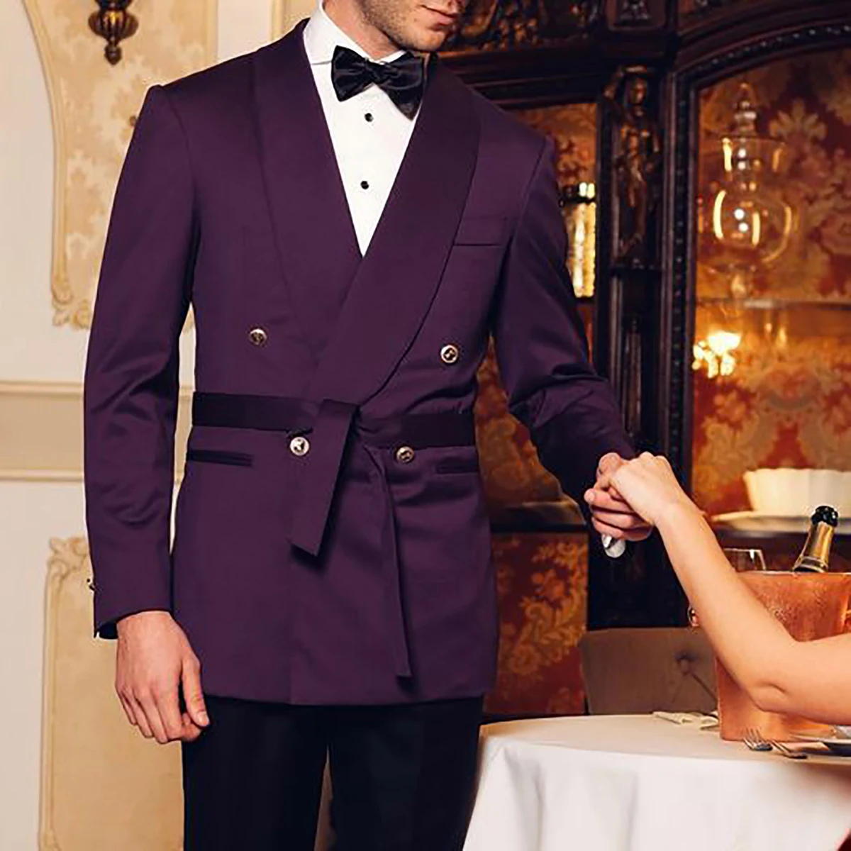 Fashion Men Suits Tuxedo Shawl Lapel Double Breasted Belt Pockets 2 Pieces Blazer Pants Tailored Groom Handsome