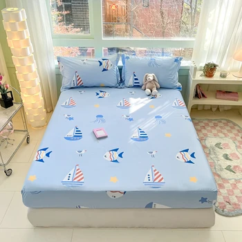 Ocean Nautical Fitted Sheet Cartoon Ship Bedding Set,Cute Fish Star Print Bed Sheet for Boys Room, Cotton Blue Deep Pocket Sheet