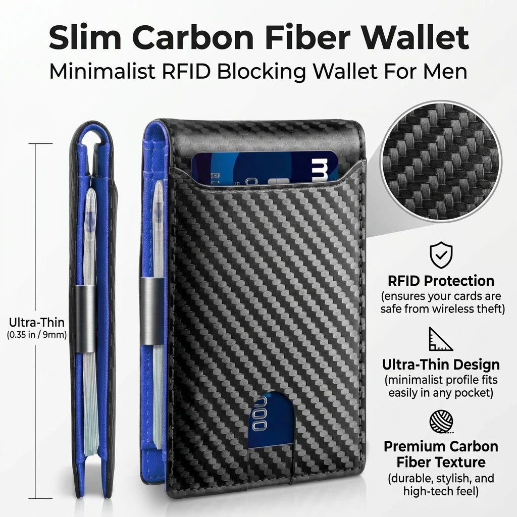 Slim Carbon Fiber RFID-Blocking Minimalist Wallet with Metal Money Clip