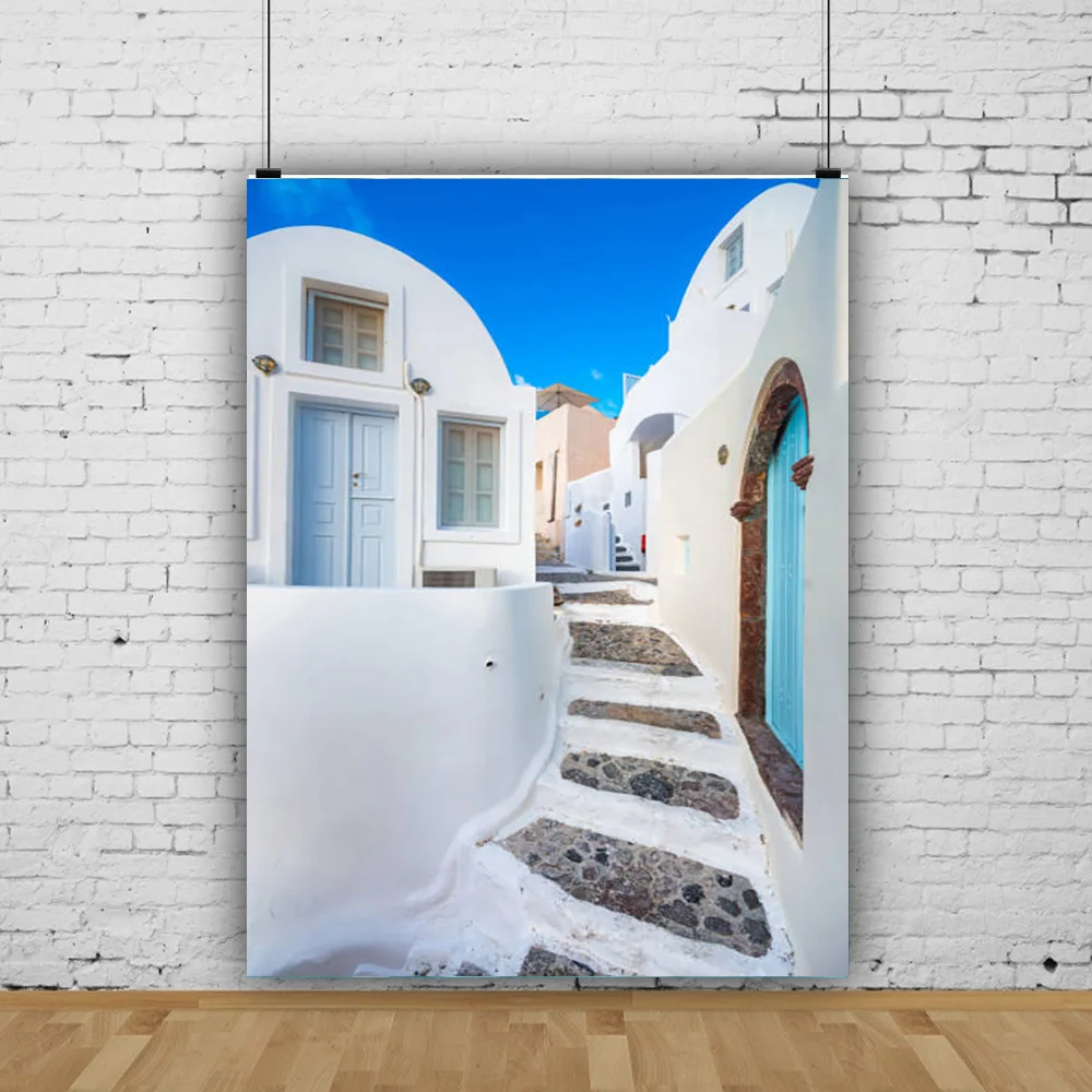 

SHUOZHIKE Santorini Greek Aegean Sea Holiday Party Decoration Bay Town Architecture Flowers Stairs Photography Background XC-06