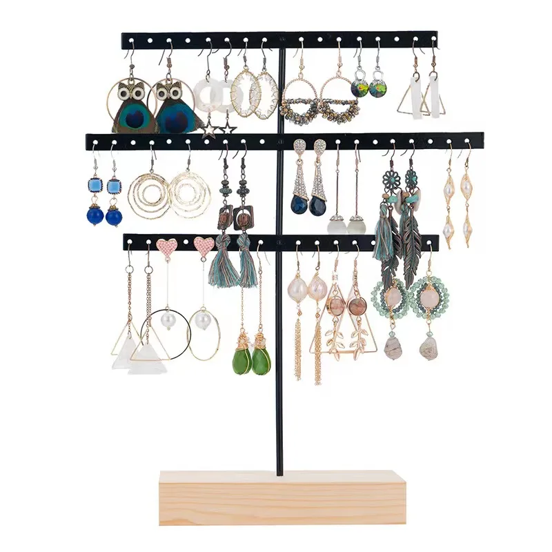 Earring Jewelry Organizer Metal Display Stand Jewelry Storage Holder Rack Nature Wooden Base Jewelry Store Decoration pink jewelry counter window jewelry display rack purple velvet ring necklace display prop image decoration jewelry display rack