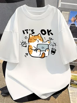 Cute Cat Print T-Shirt Casual Breathable Loose Fit Summer Short Sleeve Round Neck Soft Comfortable Daily Basic Fashion Tee Top 1