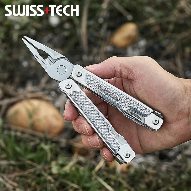 SWISS TECH 15 in 1 다기능 도구 펜치, 접이식 포켓 가위 톱날, 캠핑 야외 EDC 장비