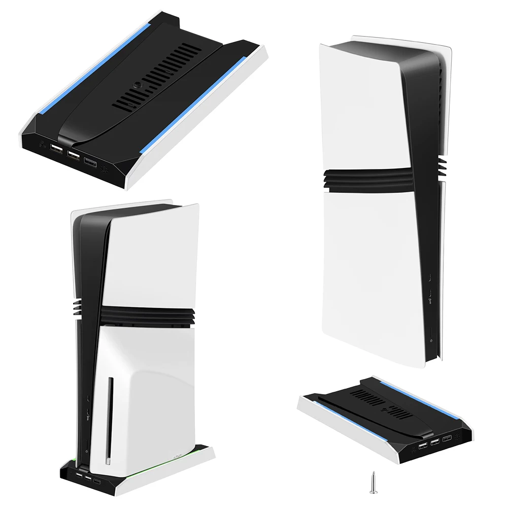 PS5 슬림/PS5 프로 RGB 수직 쿨링 스탠드 8가지 조명 모드 게임 콘솔 거치대 (3개 USB 2.0 포트 및 3단 속도 팬 포함)