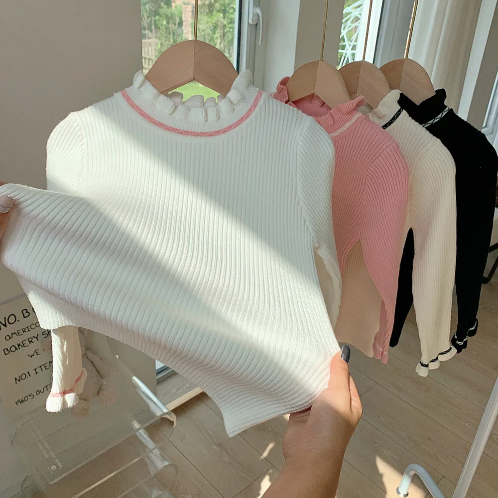 

Женский зимний свитер для девочек, элегантная одежда для малышей, вязаный пуловер с длинным рукавом и высоким воротником, Детская эластичная трикотажная одежда