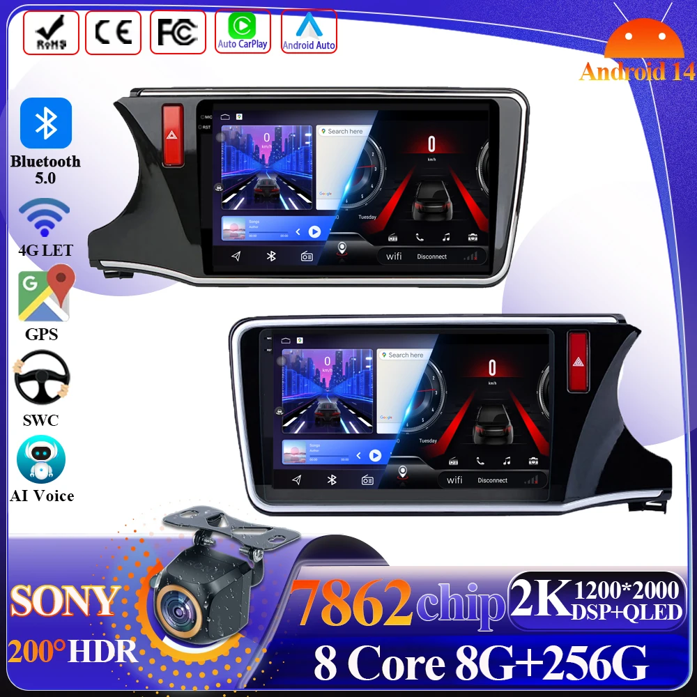 

Android 14, беспроводной Carplay для Honda City Grace 2014-2017, интеллектуальная система, 8 ядер, автомобильный мультимедийный плеер 5G, Wi-Fi, сенсорный дисплей