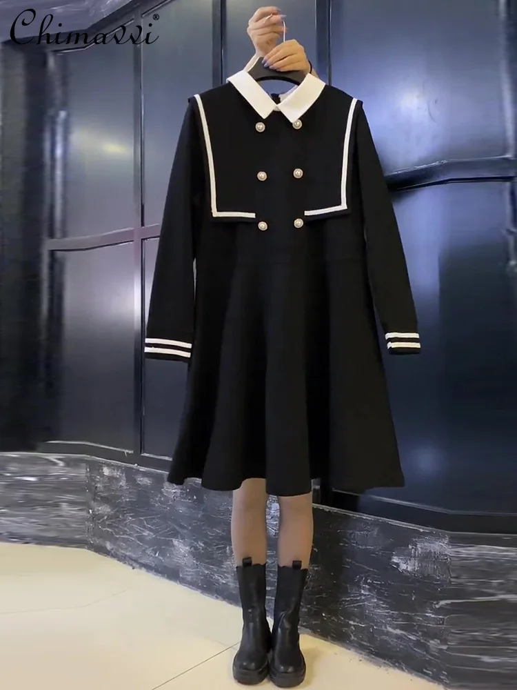 

High-end Large Size Dress 2024 Spring and Autumn New Fashion Black Preppy Style Slimming Long Sleeve Loose Elegant Dress Women