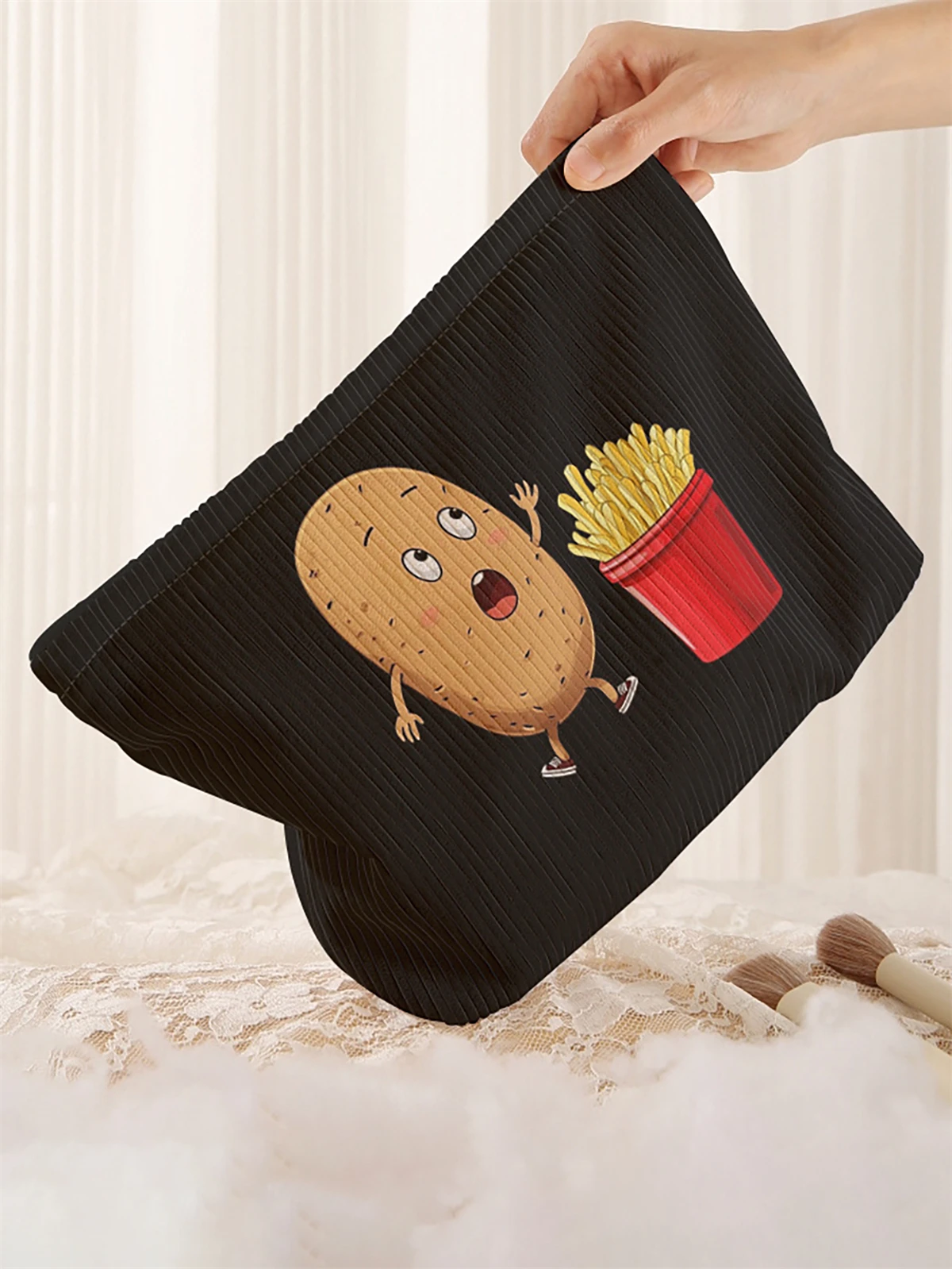 1pc cartoon potato pattern printed corduroy makeup bag, lightweight zipper makeup storage box, multifunctional bag with lining