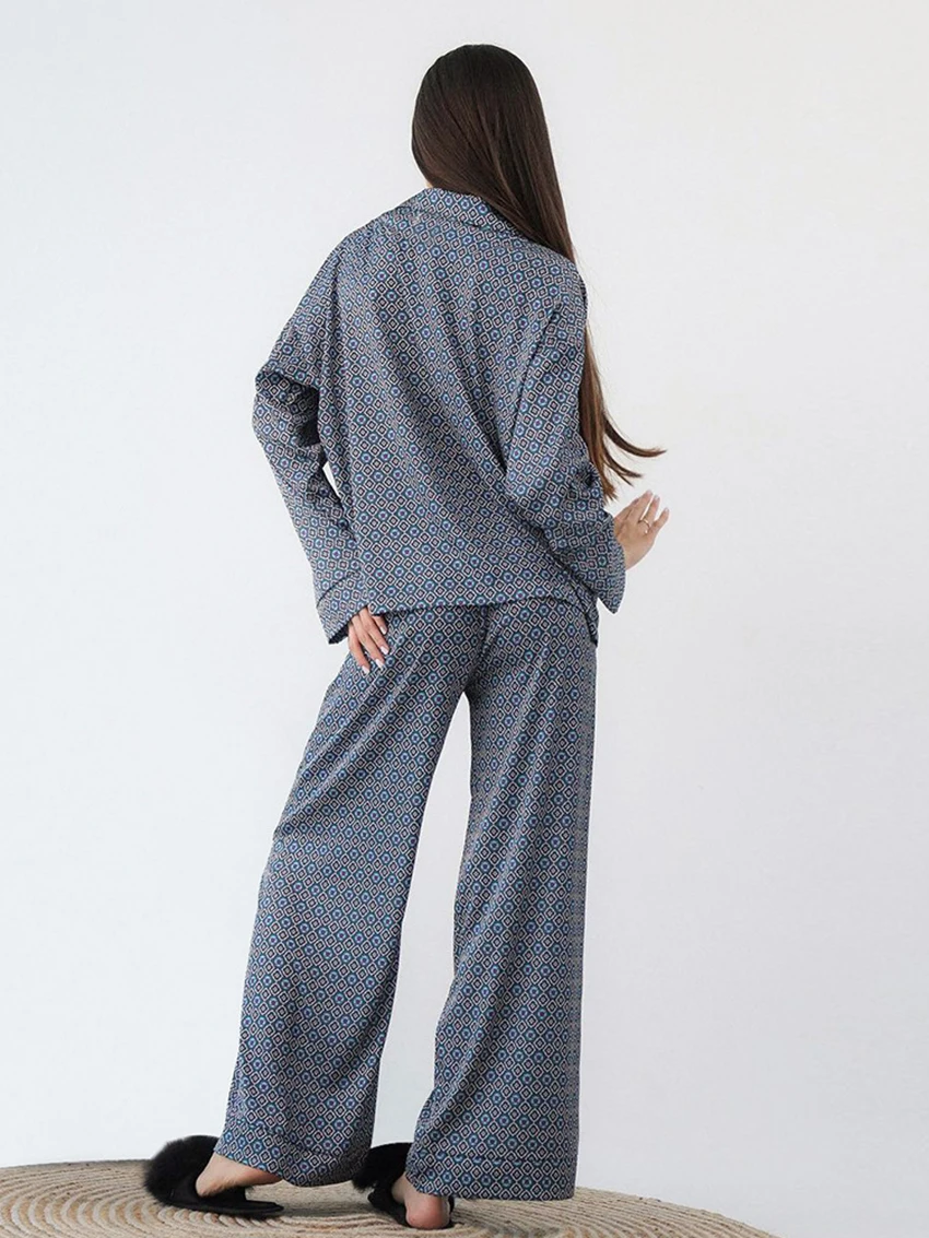 Marthaqiqi Printing Female Pajamas Suit Sexy Turn-Down Collar Sleepwear Long Sleeve Nightgowns Pants Casual Ladies Nightwear Set