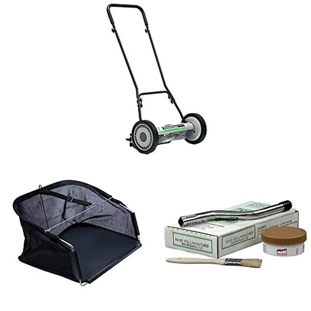 

18-Inch Reel Lawn Mower Kit with Sharpening & Grass Catcher Bundle Manoeuvrable Scissor Action Cut Durable Bottom & Frame
