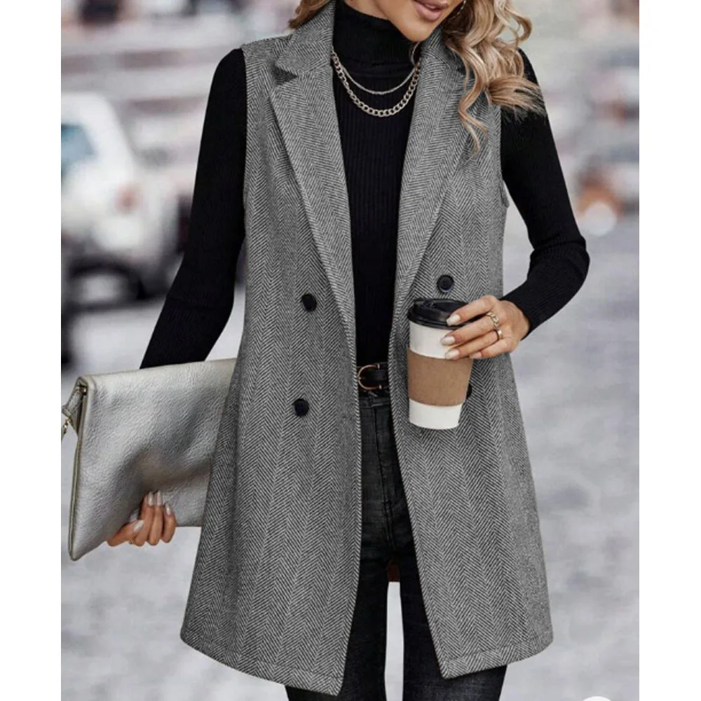 Women's Herringbone Vest Modern Style Autumn and Winter Matching Women's Sleeveless Jacket Double Breasted Lapel Coat Clothes women herringbone vest