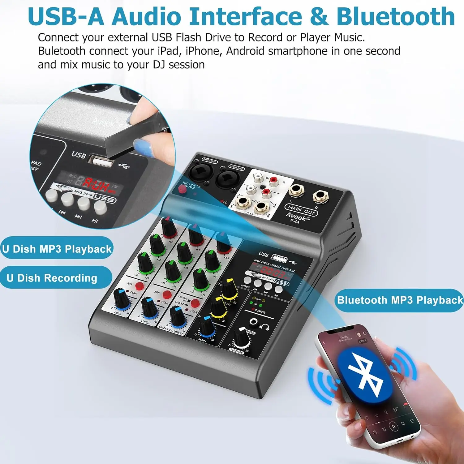 Mixer Audio Aveek 5 Canali - Con Bluetooth, USB E Phantom Power 48V | Per DJ, Streaming E Registrazione - Foto 4