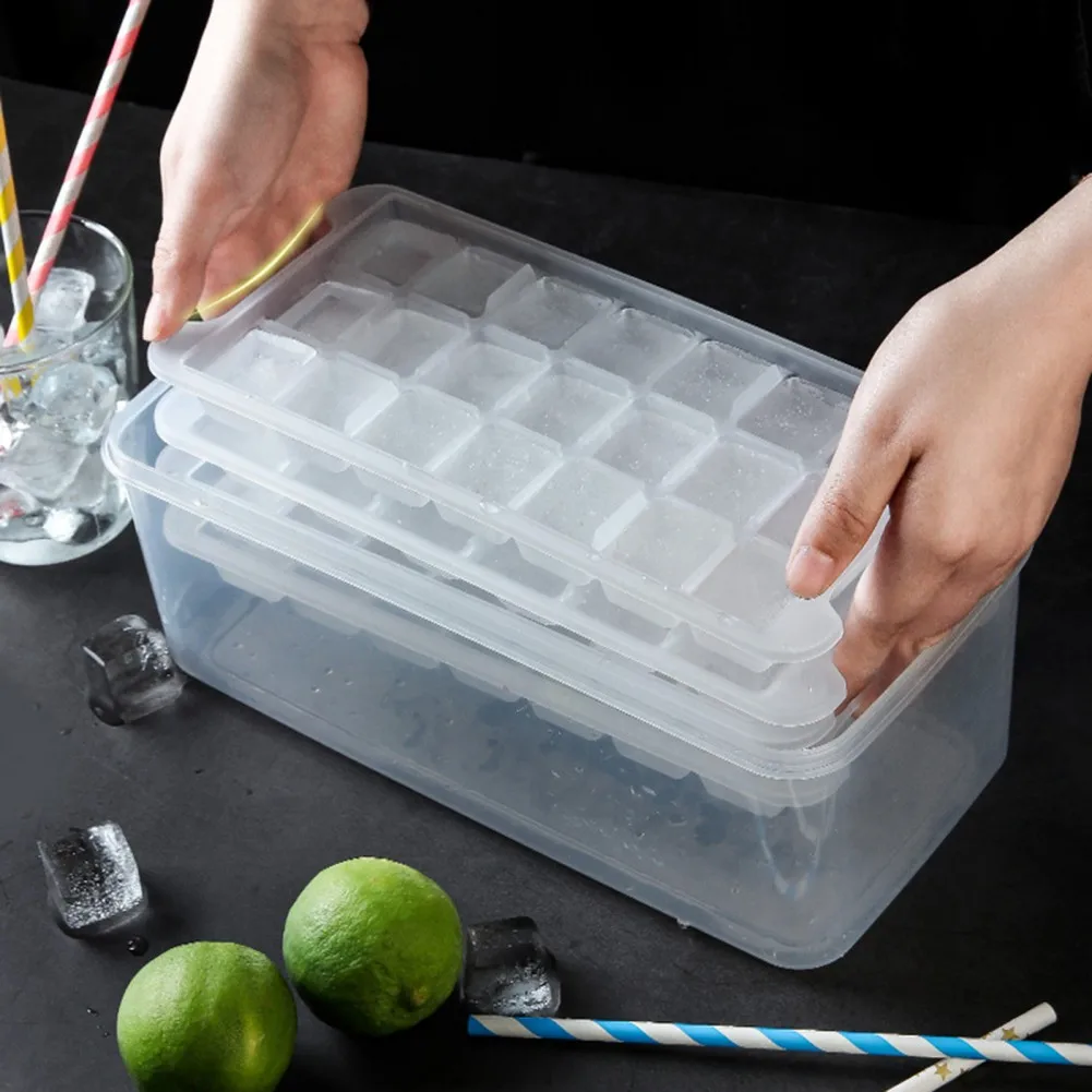 Ice Cube Tray, Square Ice Trays for Freezer with Lid & Bin, Square Ice Cube  Mold, 2 Tiers, 1 Ice Bucket and Shovel, Easy Release Stackable