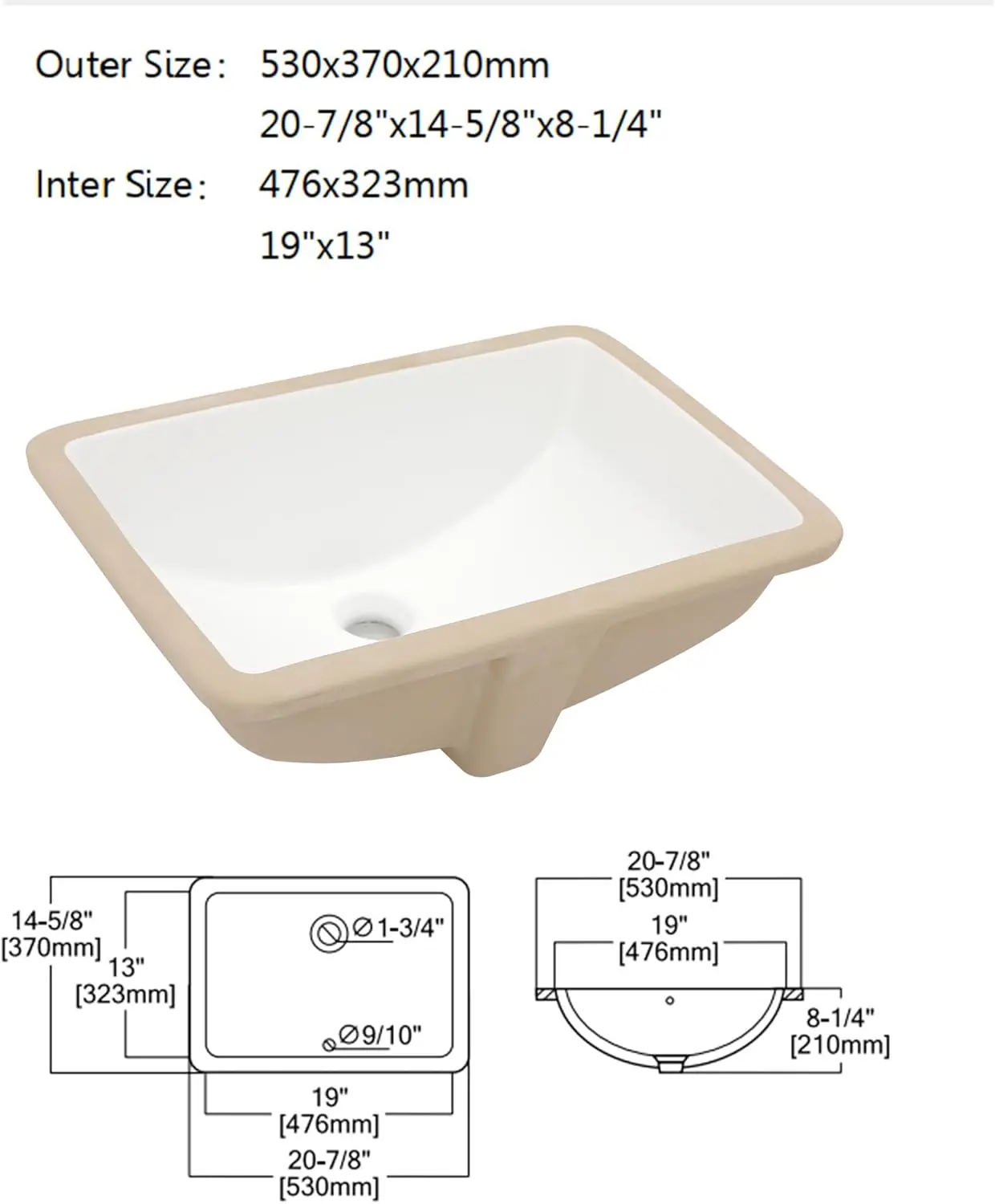 Undermount Bathroom Sink Rectangle 19"x13" White Porcelain Ceramic Rectangular Vessel Sink Under Counter Lavatory 6