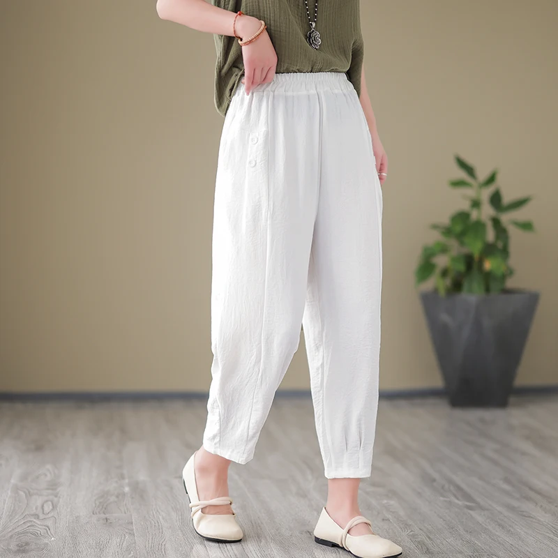 

2023 New Arrival Summer Women All-matched Cotton Linen Ankle-length Pants Casual Loose Elastic Waist Harem Pants V364
