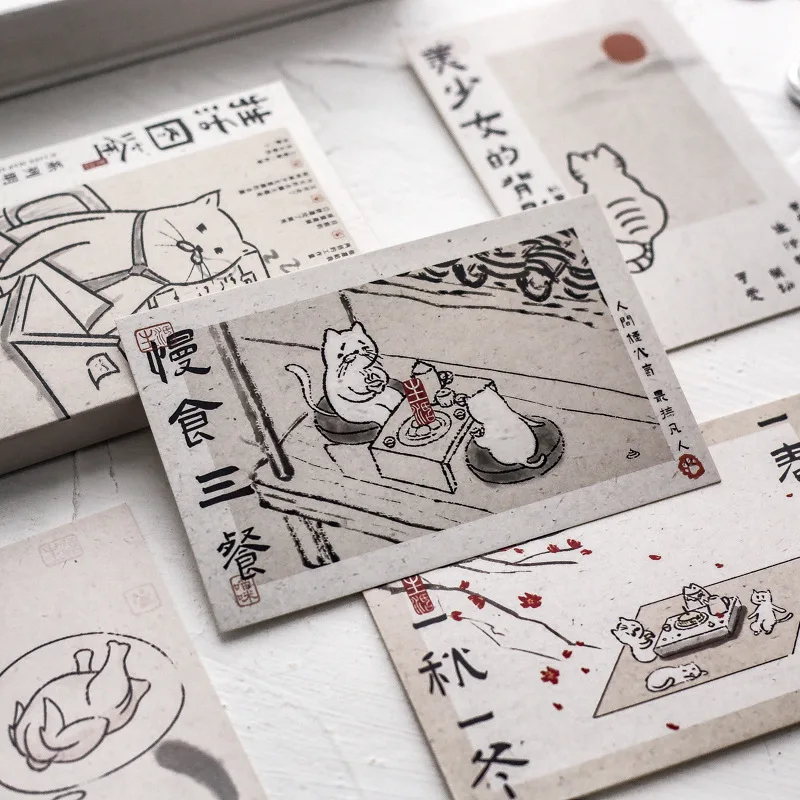 Art Postcards 30 Pcs/Set Japanese Bobcat Series DIY Hand Painted Cartoon Cat Greeting Cards Message Gift Stationery