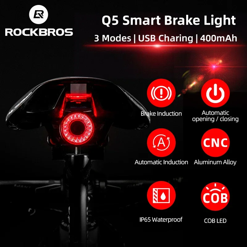 Luce Posteriore Intelligente per Bicicletta ROCKBROS, Sensore di Frenata Automatico, Impermeabile IPX6, Lampada LED USB Ricaricabile, Luce di Sicurezza per Bici Q5
