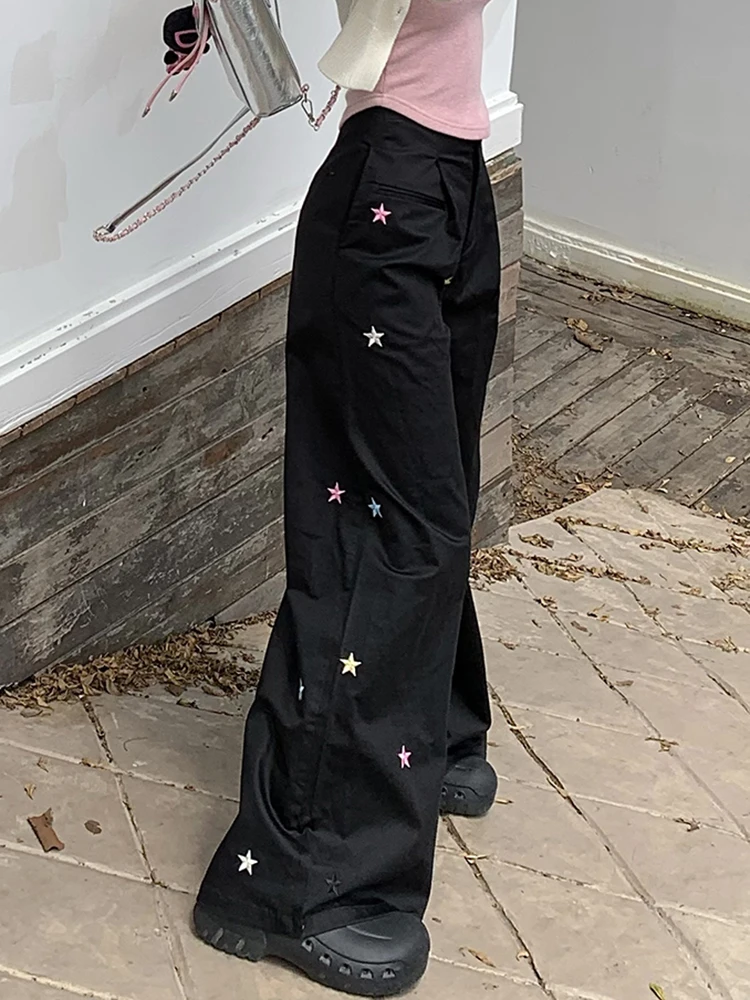 Fashion Y2K Embroidered Cargo Pants Black Women High Waist Wide Leg Harajuku Loose Casual Oversized Trousers Streetwear Pants