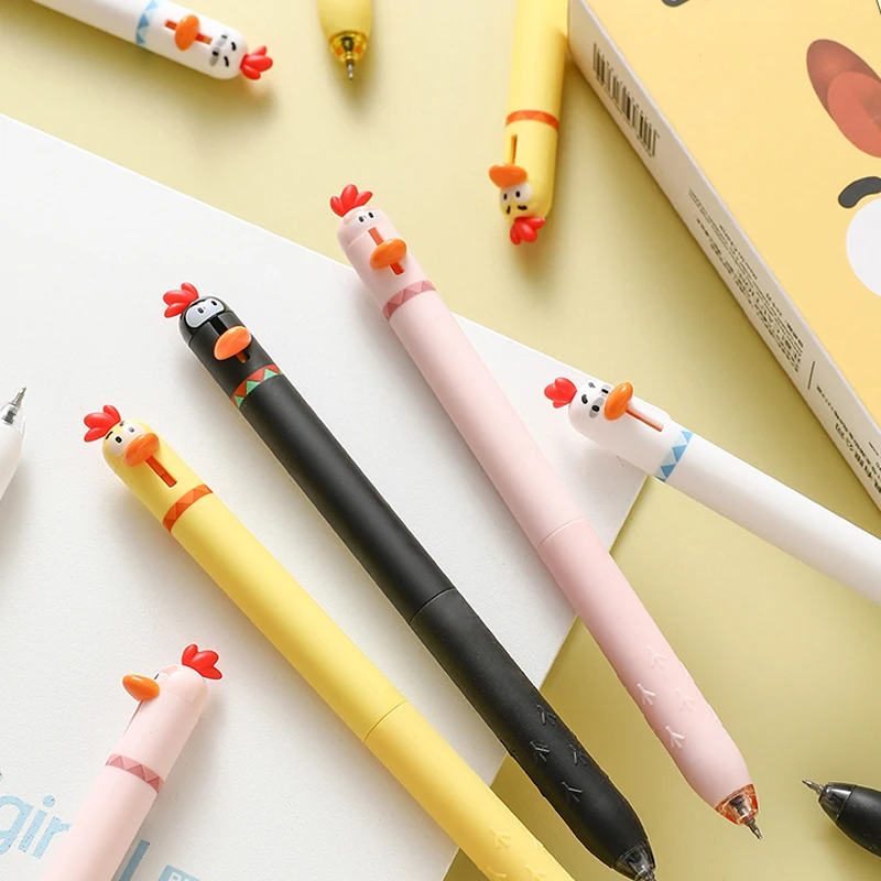 4 Pcs/Set Cute Chick Design Retractable Gel Pen 0.5mm Quick-Drying Black Ink Pens Funny Stress Relief Stationery Students Office