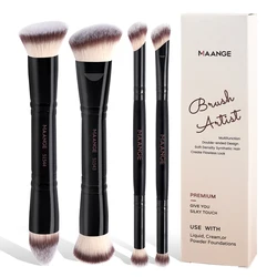 MAANGE 4 - Piece Essential Makeup Brush Set with Travel Case - Dual - Ended Foundation, Powder, Blush, and Eyeshadow Brushes (Black Beige)