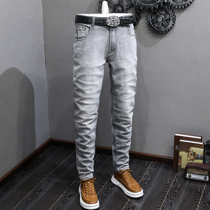 Fashion Designer Men Jeans High Quality Retro Gray Elastic Slim Fit Ripped Jeans Men Vintage Trousers Casual Denim Pants Hombre