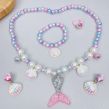 2/5pcs Girls Jewelry Sets Mermaid Pearl Necklace Bracelet Ring Earring Set Kids Toys Children Princess Fashion Accessories 1
