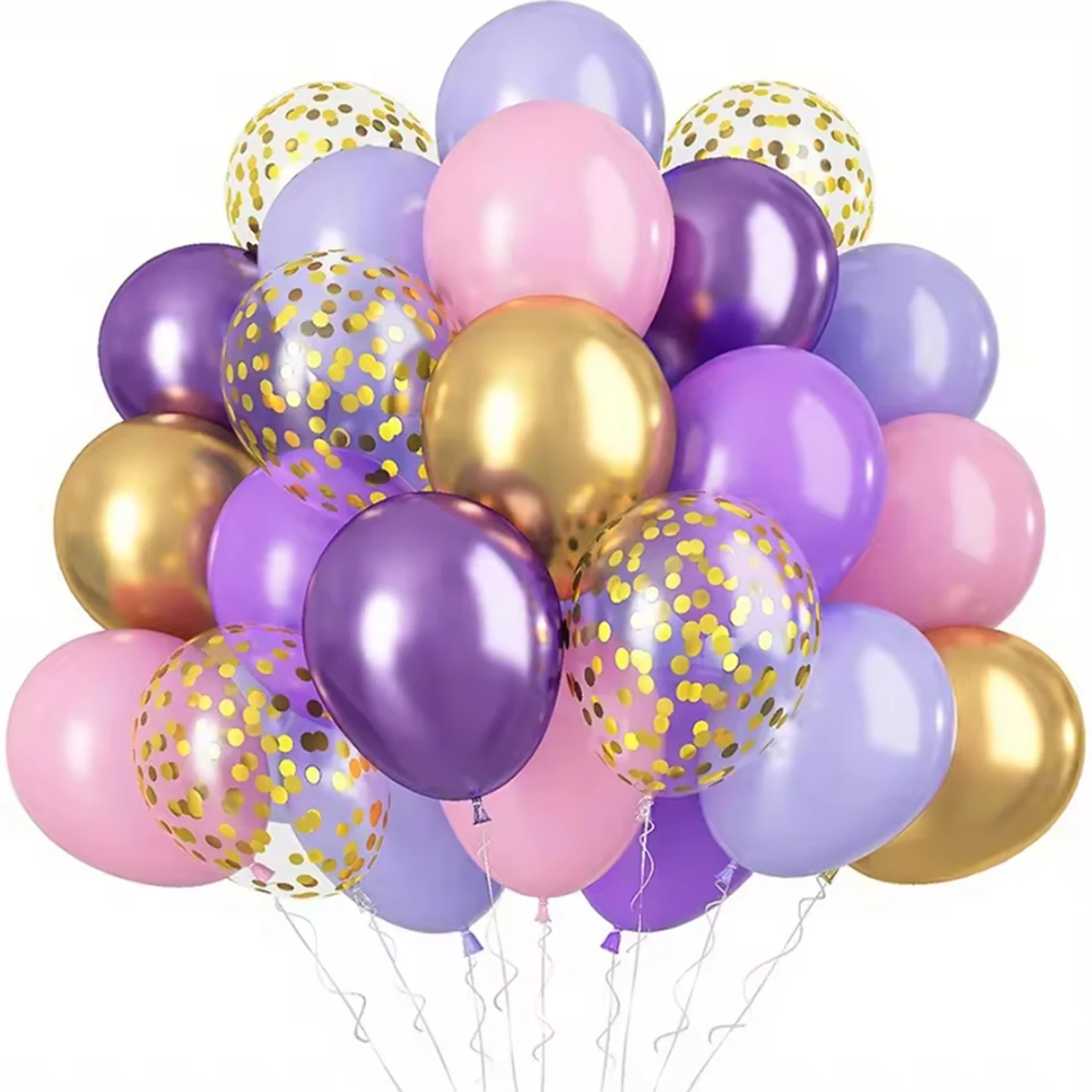 46-teiliges Ballon-Set im „Märchenstil“ in sanftem Lila und Rosa – 10/12 Zoll Metallgoldfarbene Papierballons und Latexballons