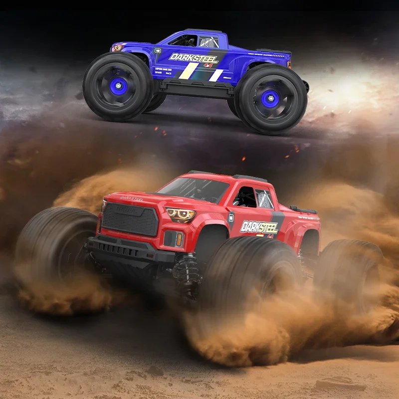 La UDIRC 1610PRO 1/16 voiture RC 4x4 brushless tout-terrain Big Foot bleue en action, soulevant de la poussière