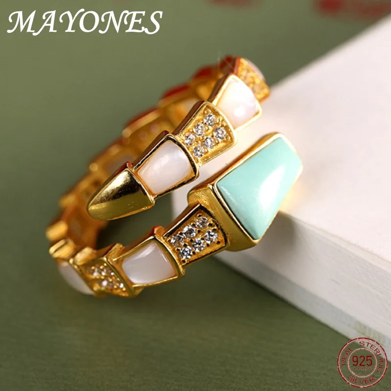 

MAYONES 925 Pure Silver Charm Ring for Women's New Fashion Light Luxury Set with Zircon Snake Bone Shell Turquoise Ring