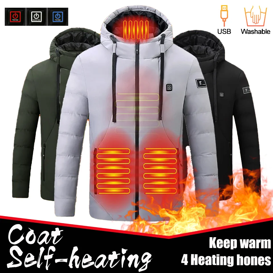 

Winter Self-heating Coat 4 Heating Zone Smart Heated Hooded Jacket Cotton-padded Outdoor Cold-resistant USB Heating Warm Clothes
