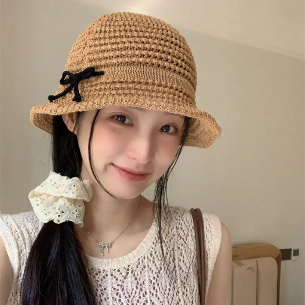 

Hollow Knitted Bucket Hat Fashion Crochet Bow UV Protection Fisherman Hat Wide Brim Solid Color Sunshade Hat