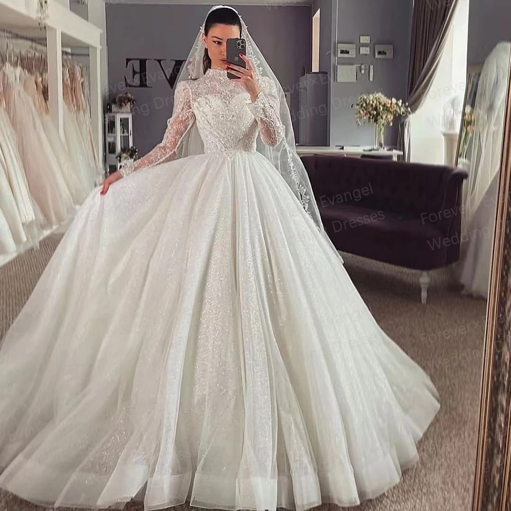 Glitter Wedding Dresses A Line Woman's Sexy High Neck Long Sleeve Bride Gowns Appliques Princess Customized Vestidos De Novia 2