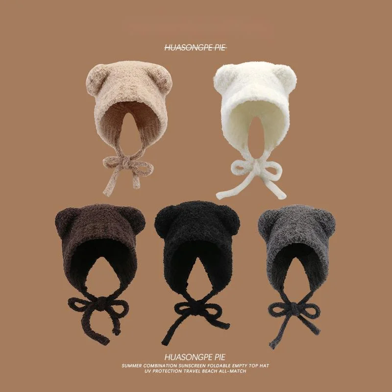 Nuovo cappello di peluche a forma di orsetto, cappello di protezione per le orecchie lavorato a maglia caldo e carino per bambini, cappello di lana coreano dolce e resistente al freddo_voghion.com