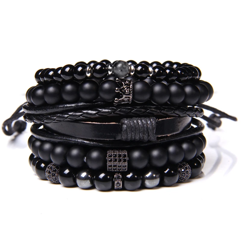 Multilayer Black Stone Bead Bracelet Men Retro Vintage Punk Leather Rope Wrap Bangle Wristband Party Handmade Jewelry Gift