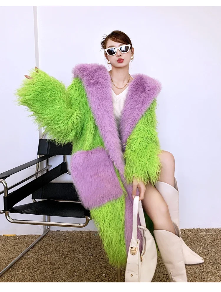 Fruit Green Environmental Protection Fur Long Loose Large Lapel Packet Furry Coat Lamb Wool Cotton Padded Thick Jacket For Women
