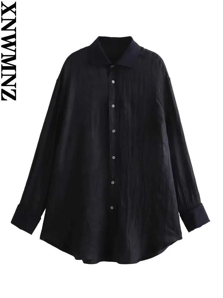 

XNWMNZ Women's Fashion 2023 Autumn Creased Oversize Shirt Women Vintage Lapel Long Sleeve Casual Versatile Female Blouse