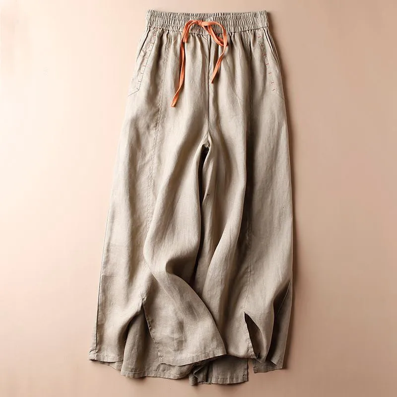 

2023 New Summer Fashion Vintage Cotton Hemp Loose Elastic Waist Cropped Wide Leg Casual Pants for Women WE1239