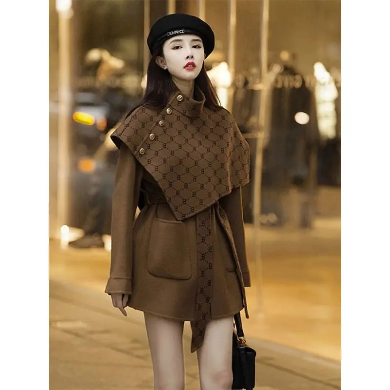 

Woolen coat, light mature style, high-end feeling, autumn and winter clothing, camel colored cloak, woolen small fragrant style